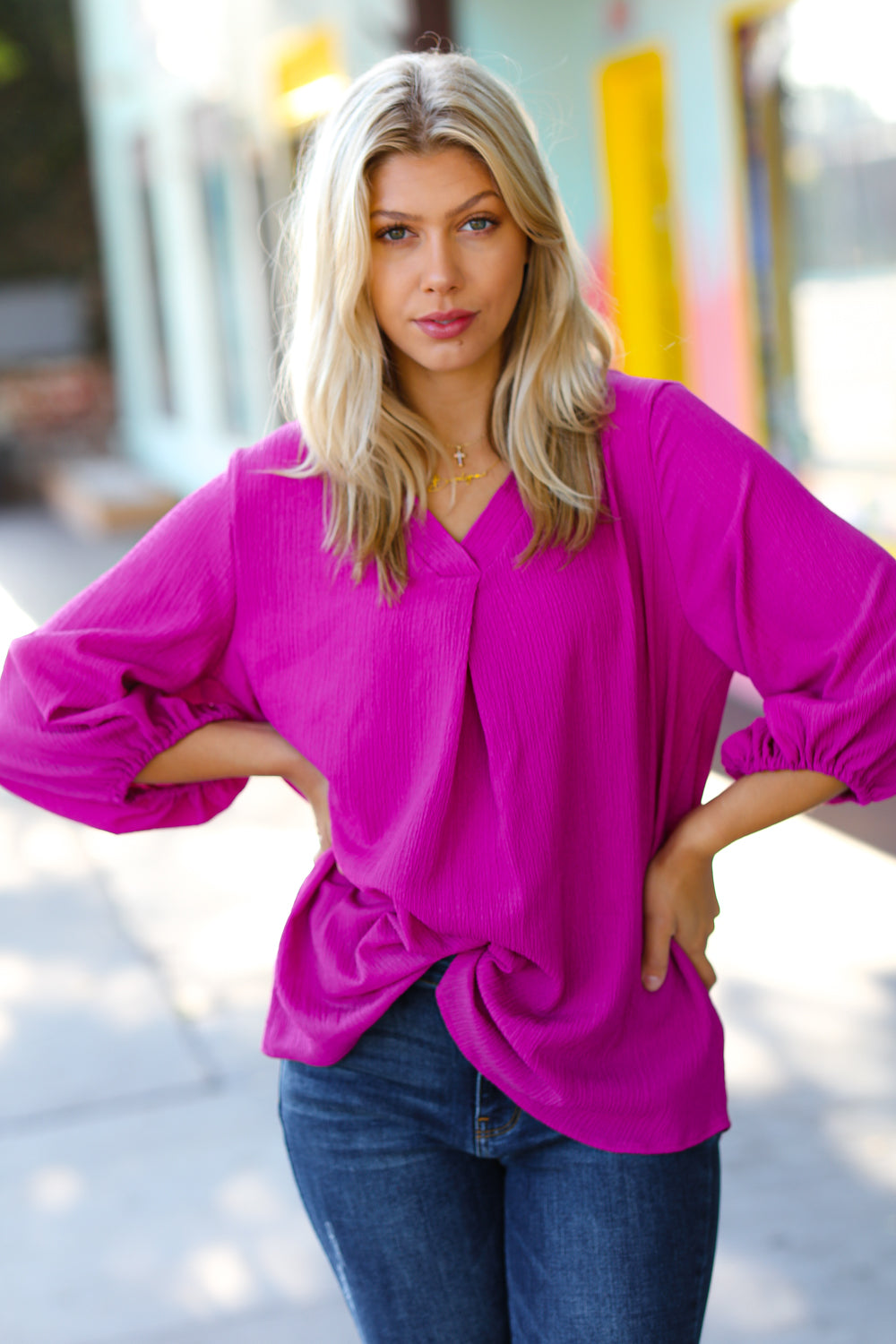 Magenta Crinkle Woven V Neck Top