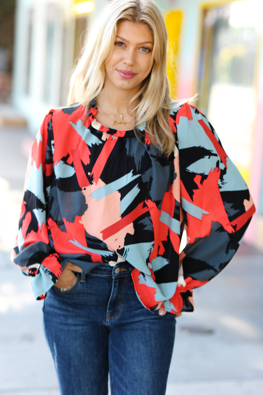 Black & Red Abstract Print Frill NeckTop