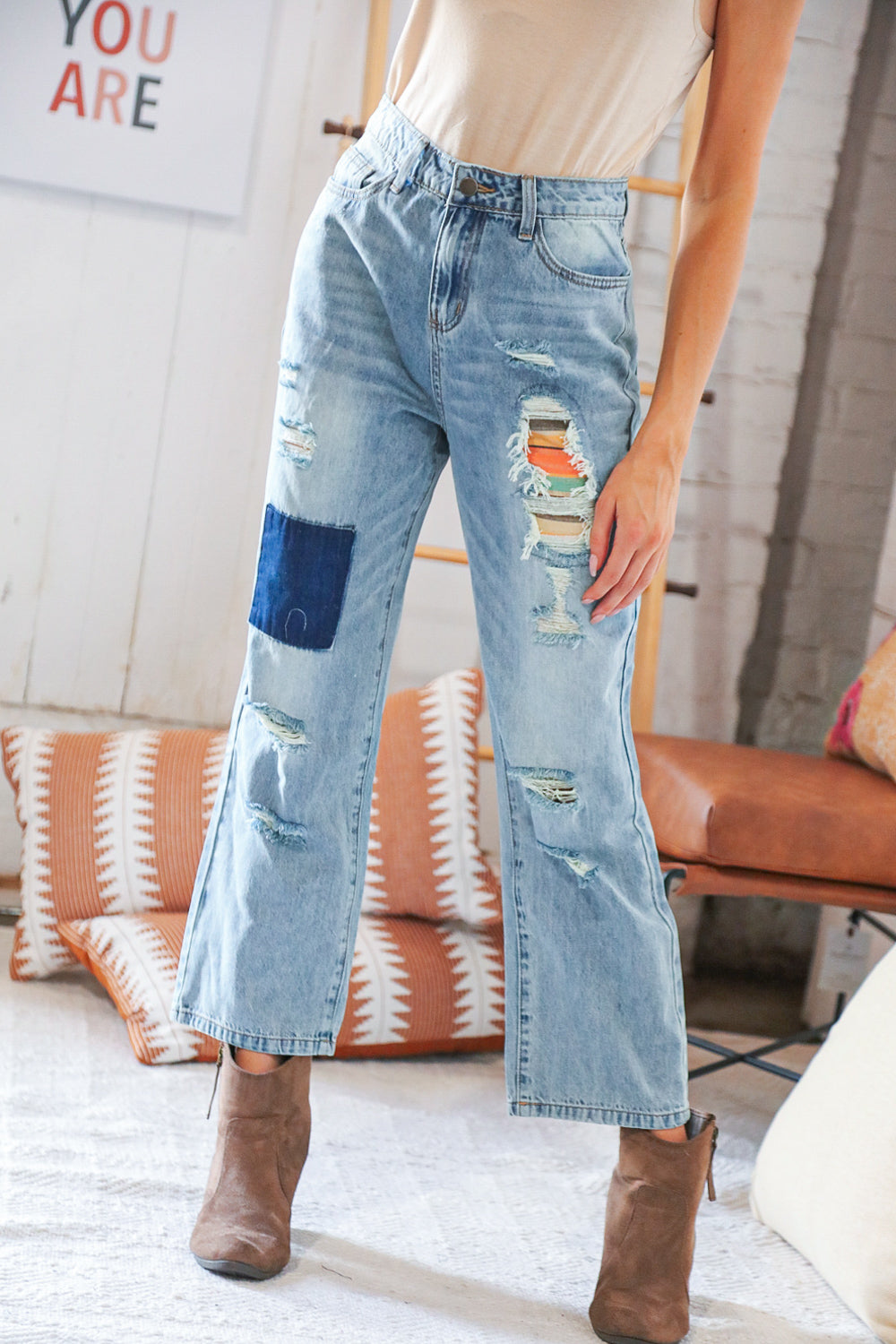 Cotton Washed High Waist Ripped Patchwork Straight Leg Jeans