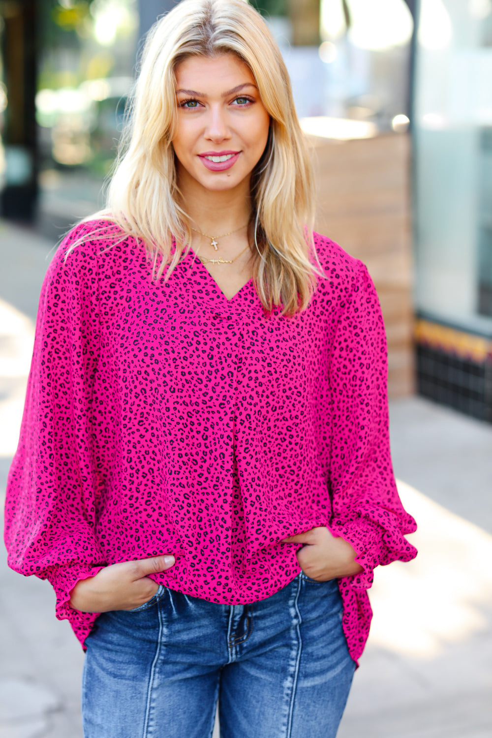 Get Ready Fuchsia Leopard V Neck Smocked Top