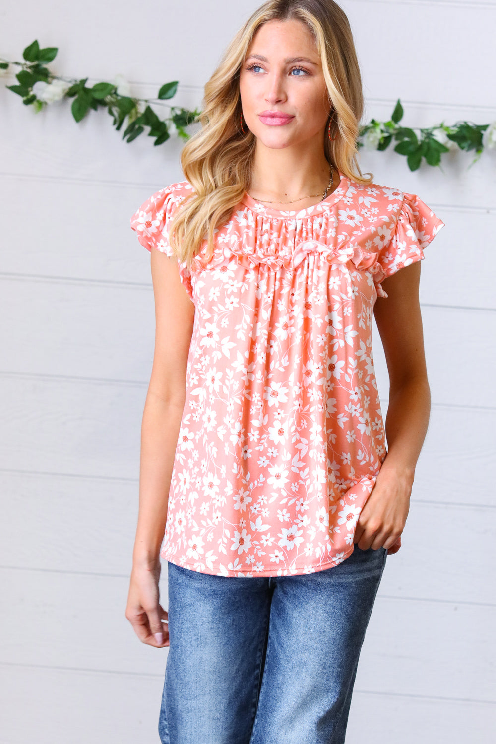 Amicg Floral Print Frilled Short Sleeve Yoke Top