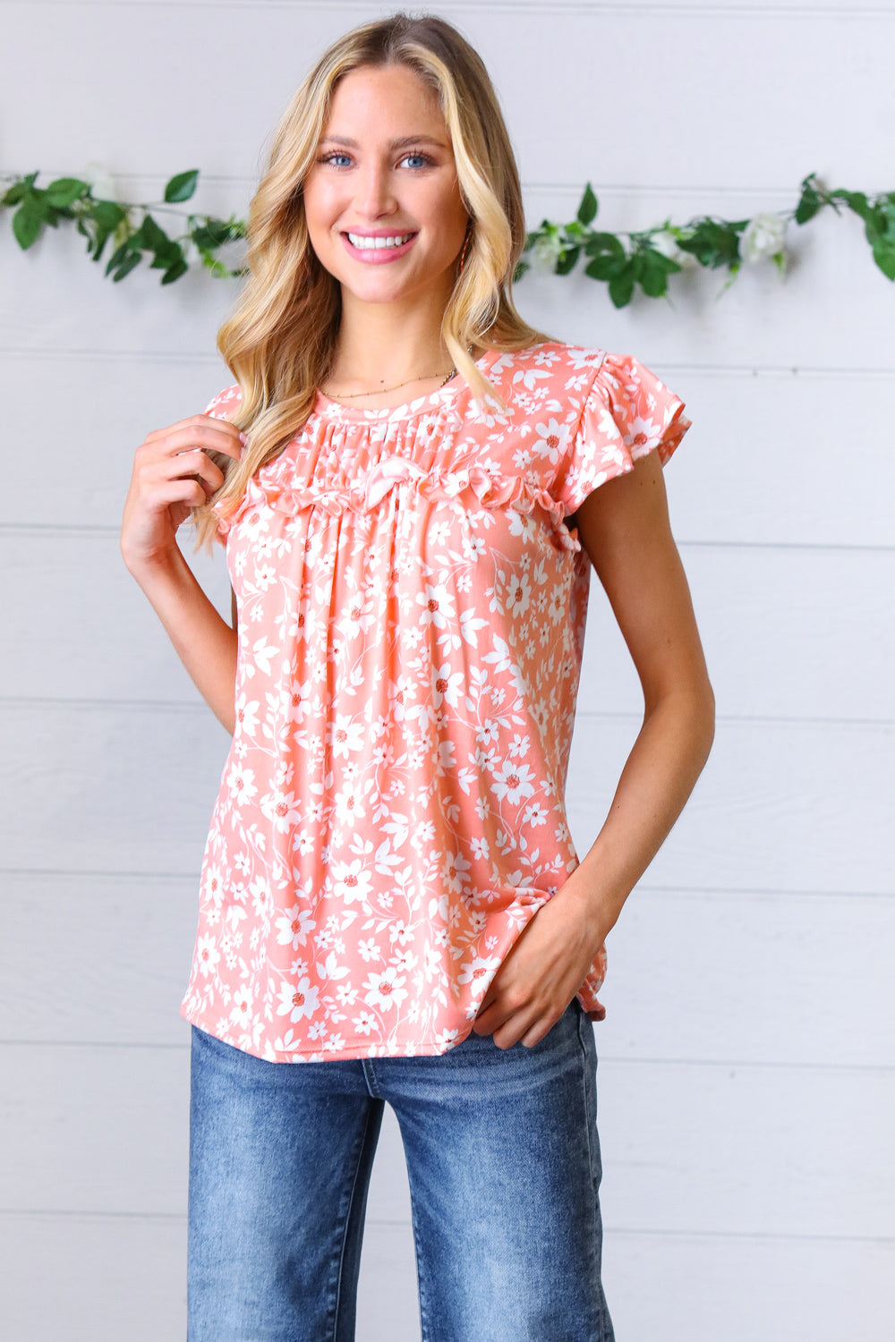 Amicg Floral Print Frilled Short Sleeve Yoke Top