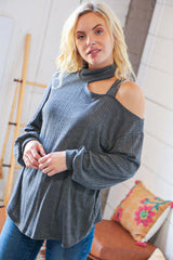 Dark Grey Ribbed Hacci Cold Shoulder Halter Top