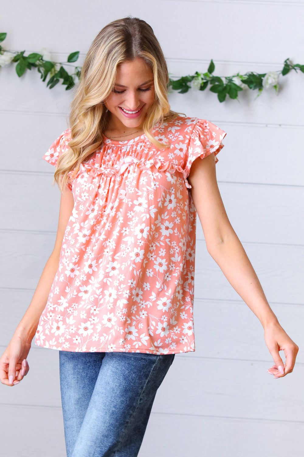 Amicg Floral Print Frilled Short Sleeve Yoke Top