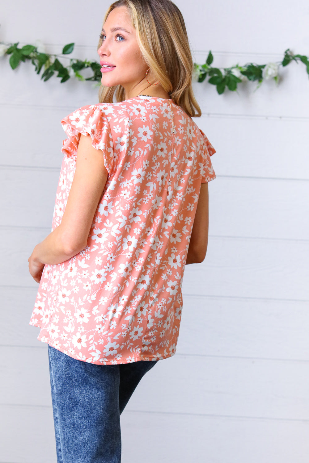 Amicg Floral Print Frilled Short Sleeve Yoke Top