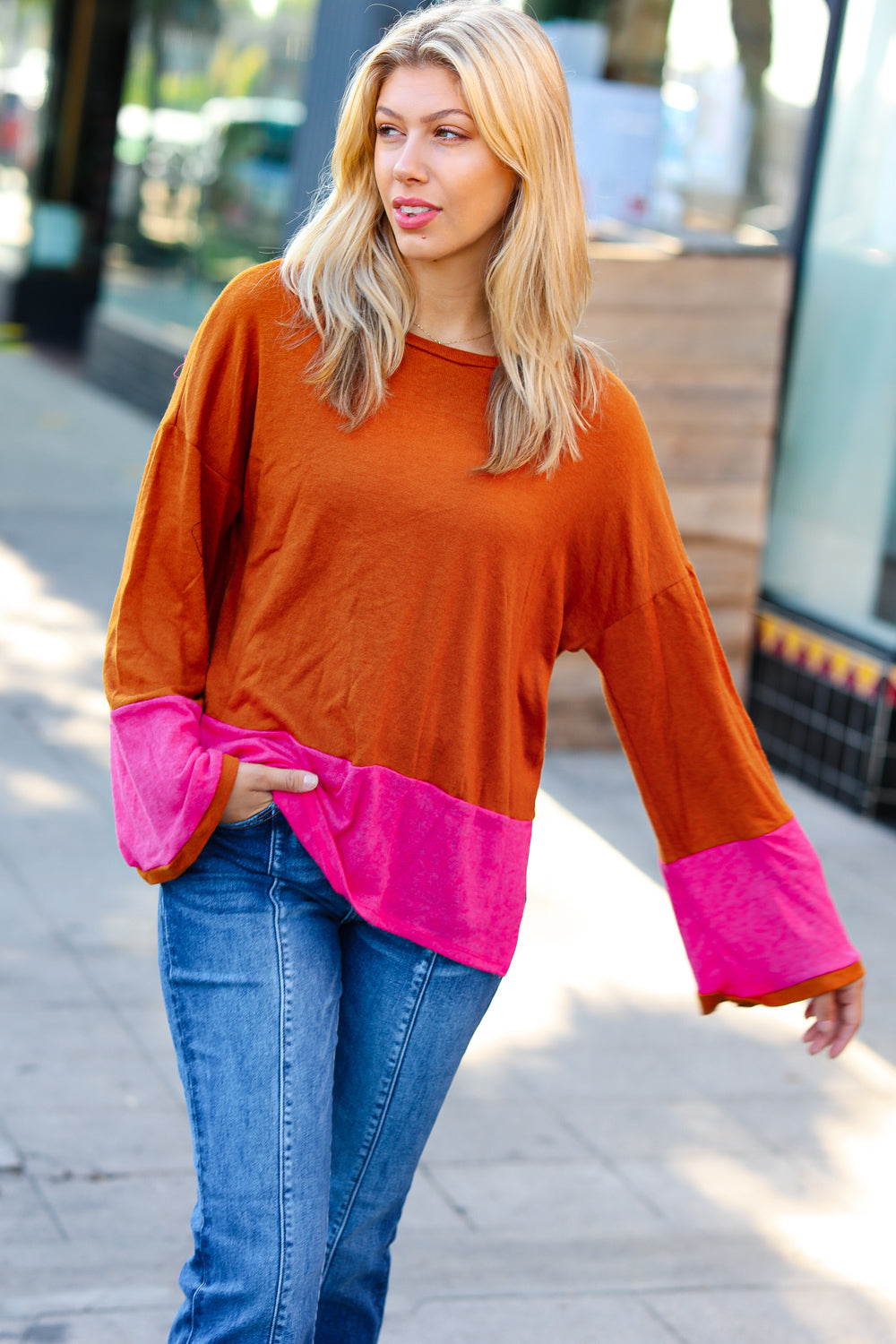 Loud Love Fuchsia & Rust Color Block Hacci Top