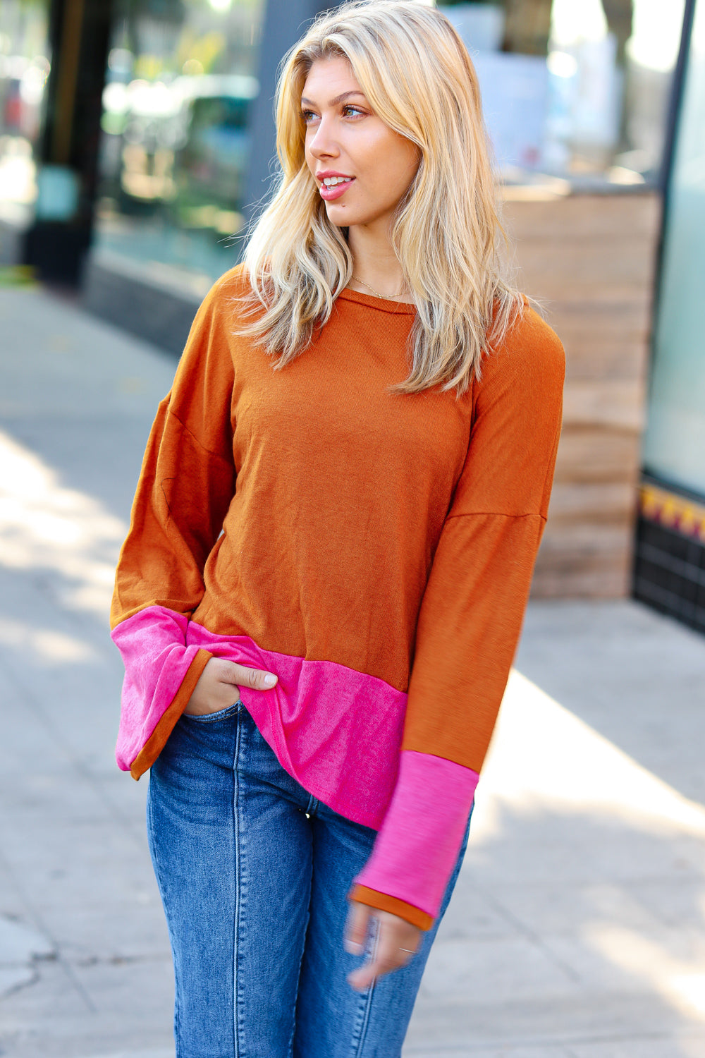 Loud Love Fuchsia & Rust Color Block Hacci Top