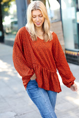 Feeling Bold Rust Leopard Print V Neck Peplum Top