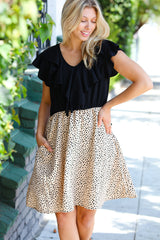 Two Fer Ruffle V Neck Leopard Woven Dress