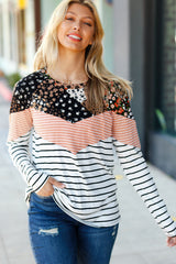 Rocking It Black & Rust Chevron Floral Two-Tone Stripe Top