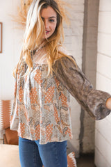 Taupe Paisley Print Houndstooth Mock Neck Top