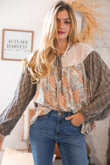 Taupe Paisley Print Houndstooth Mock Neck Top