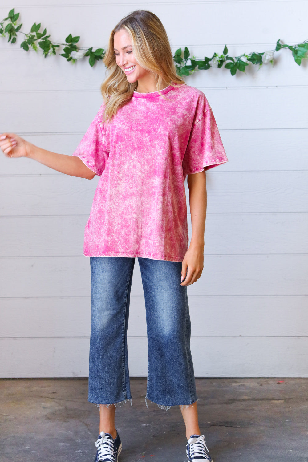 Rose Cotton Wash Short Sleeve Crew Neck Top