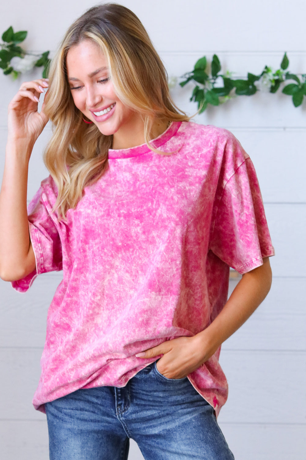 Rose Cotton Wash Short Sleeve Crew Neck Top