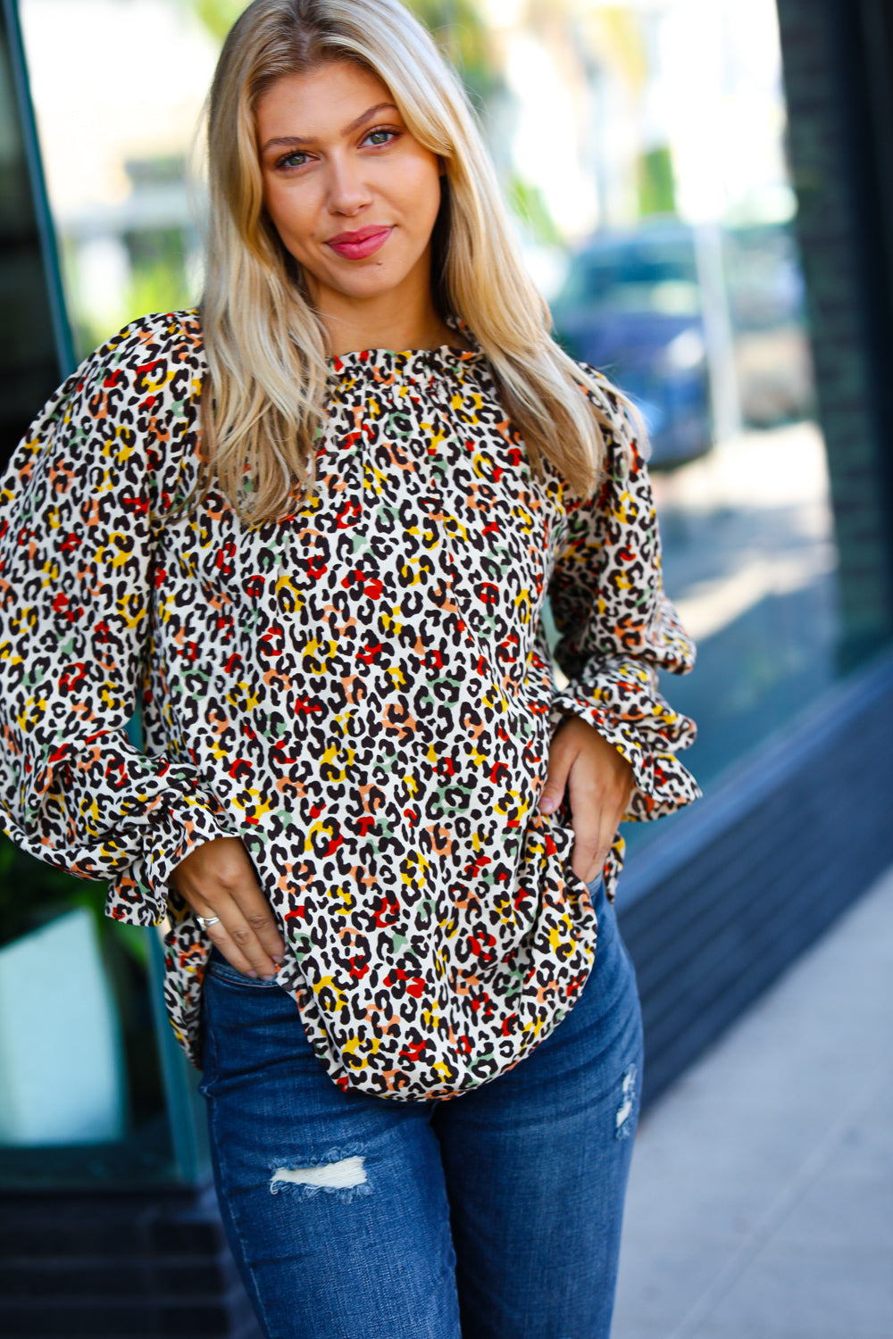 Feeling Bold Taupe & Sepia Animal Frill Neck Top