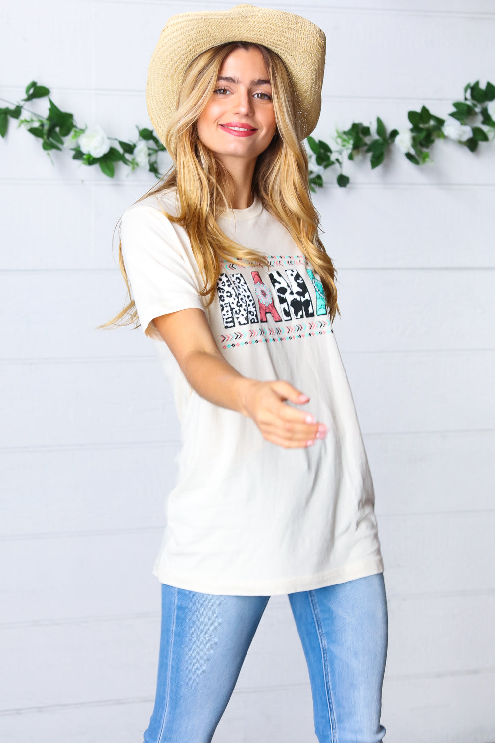 White Boat Neck MAMA Graphic Knit Tee