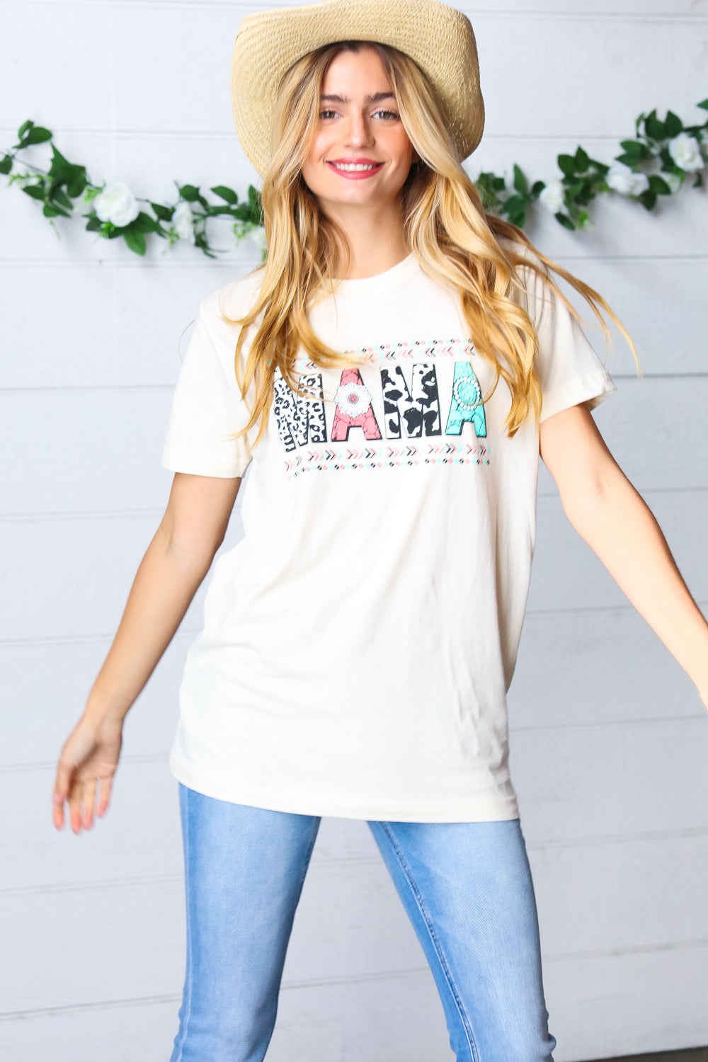 White Boat Neck MAMA Graphic Knit Tee