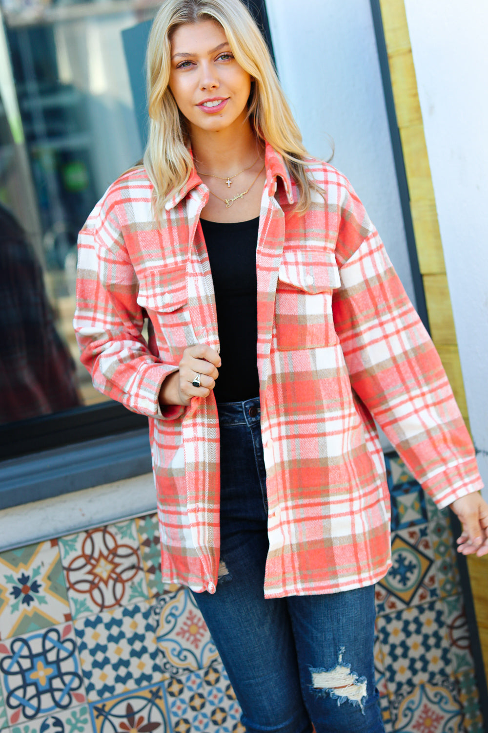 Layer Up Orange Plaid Flannel Button Down Shacket