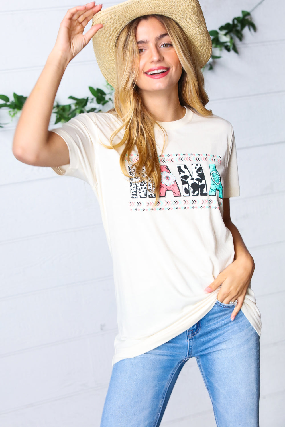 White Boat Neck MAMA Graphic Knit Tee