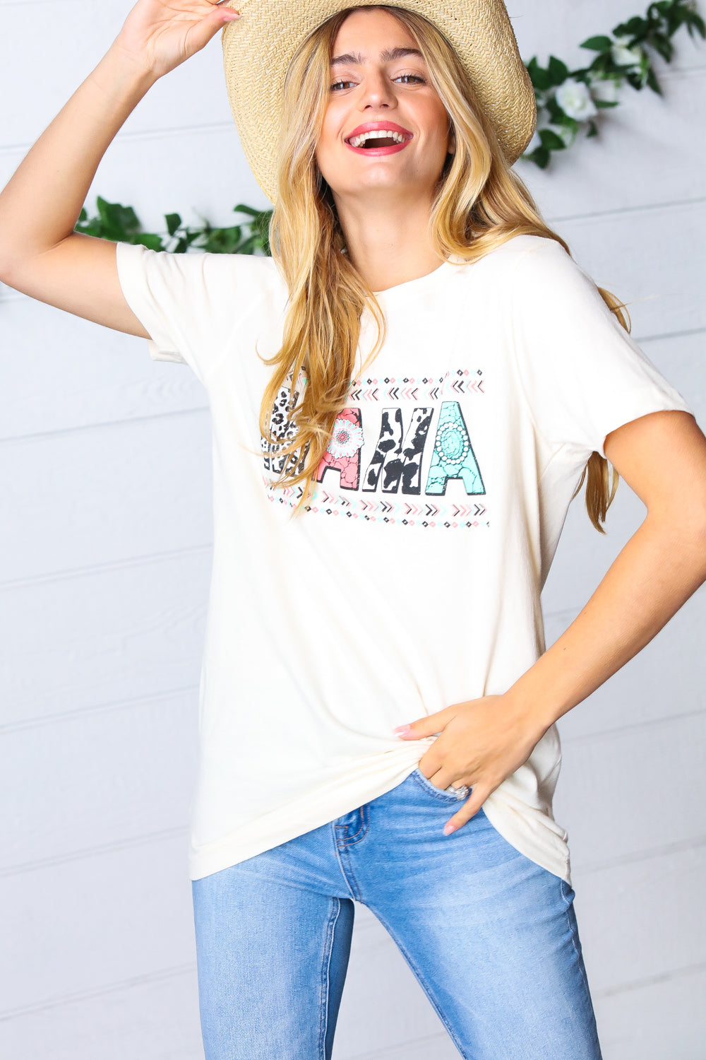 White Boat Neck MAMA Graphic Knit Tee