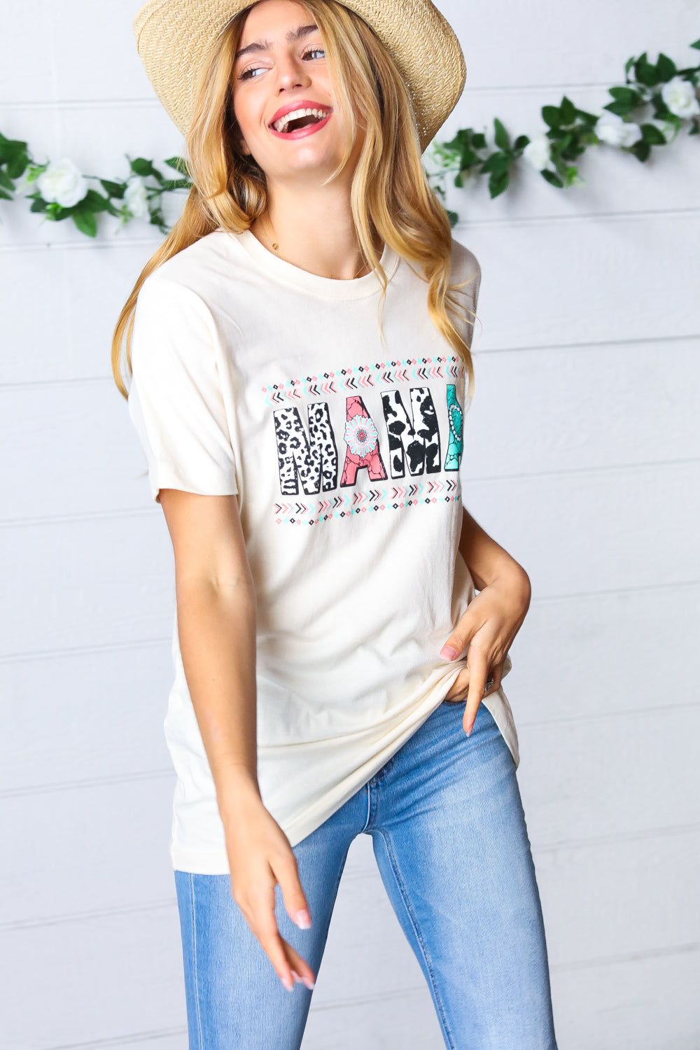 White Boat Neck MAMA Graphic Knit Tee