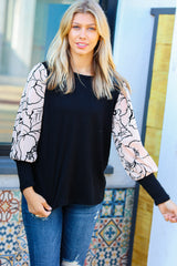 Date Night Black Velvet Floral Mesh Bubble Sleeve Top