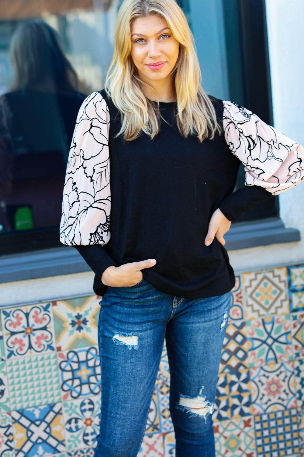 Date Night Black Velvet Floral Mesh Bubble Sleeve Top