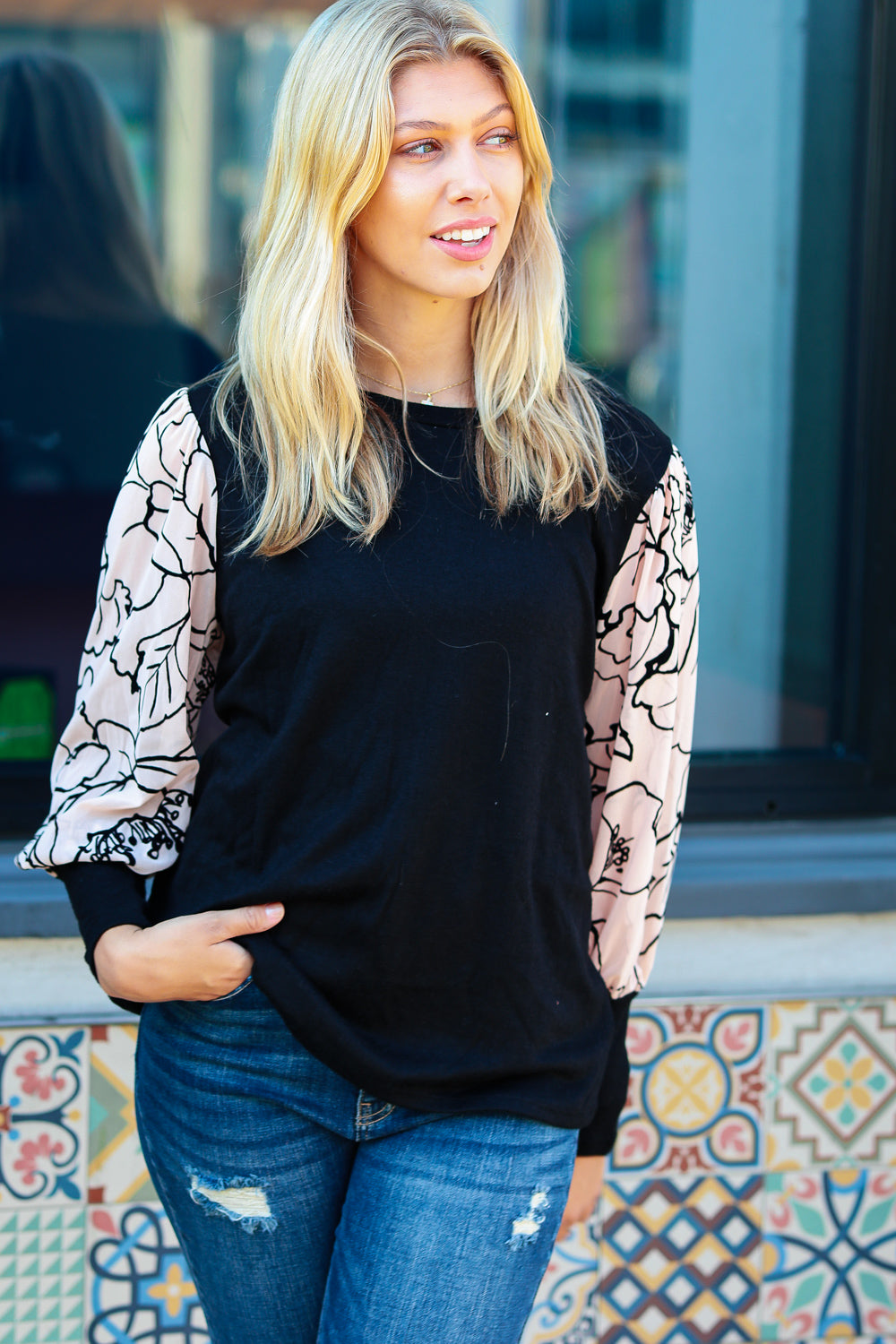 Date Night Black Velvet Floral Mesh Bubble Sleeve Top