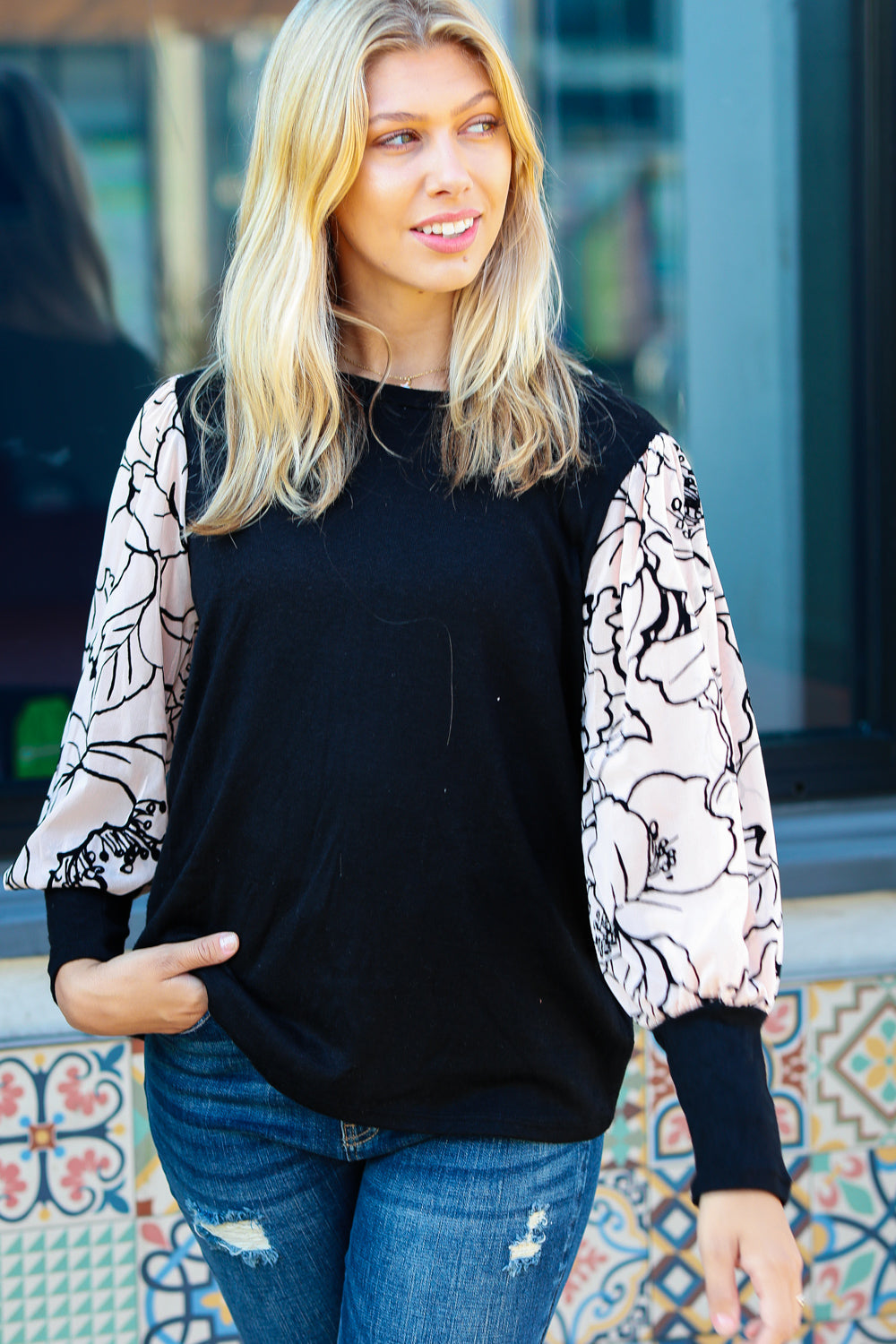 Date Night Black Velvet Floral Mesh Bubble Sleeve Top