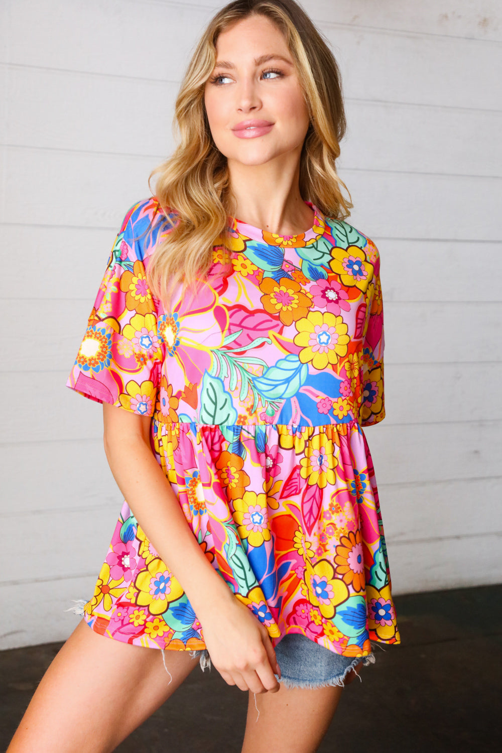 Vibrant Multicolor Drop Shoulder Floral Babydoll Top