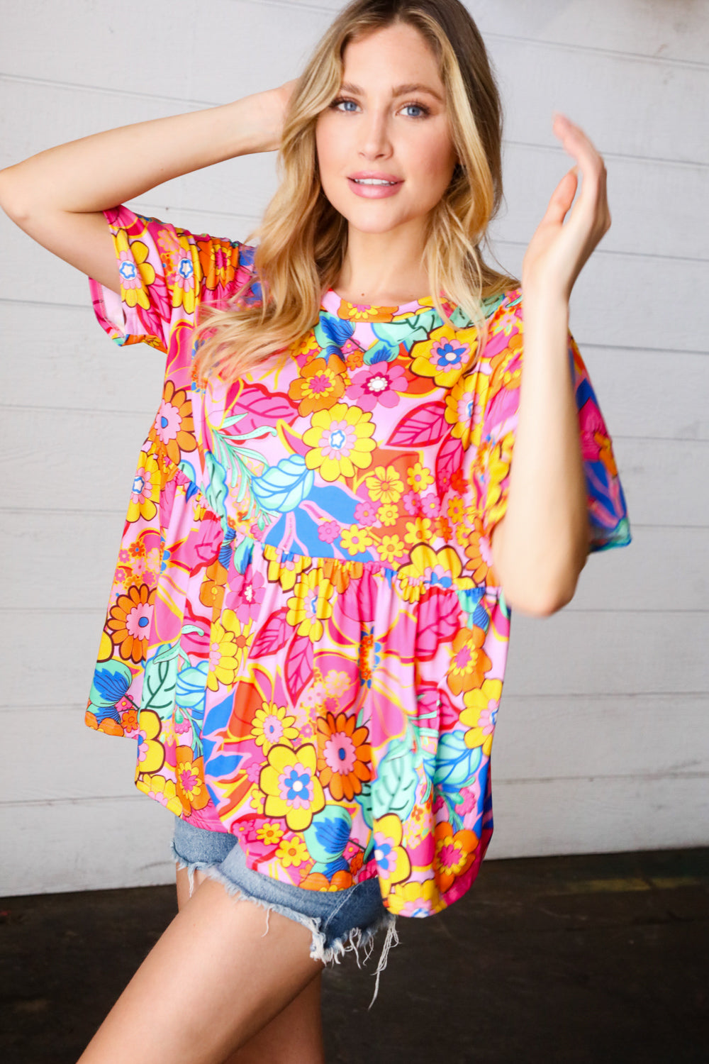 Vibrant Multicolor Drop Shoulder Floral Babydoll Top