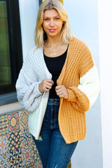 Face The Day Camel Color Block Chunky Knit Cardigan