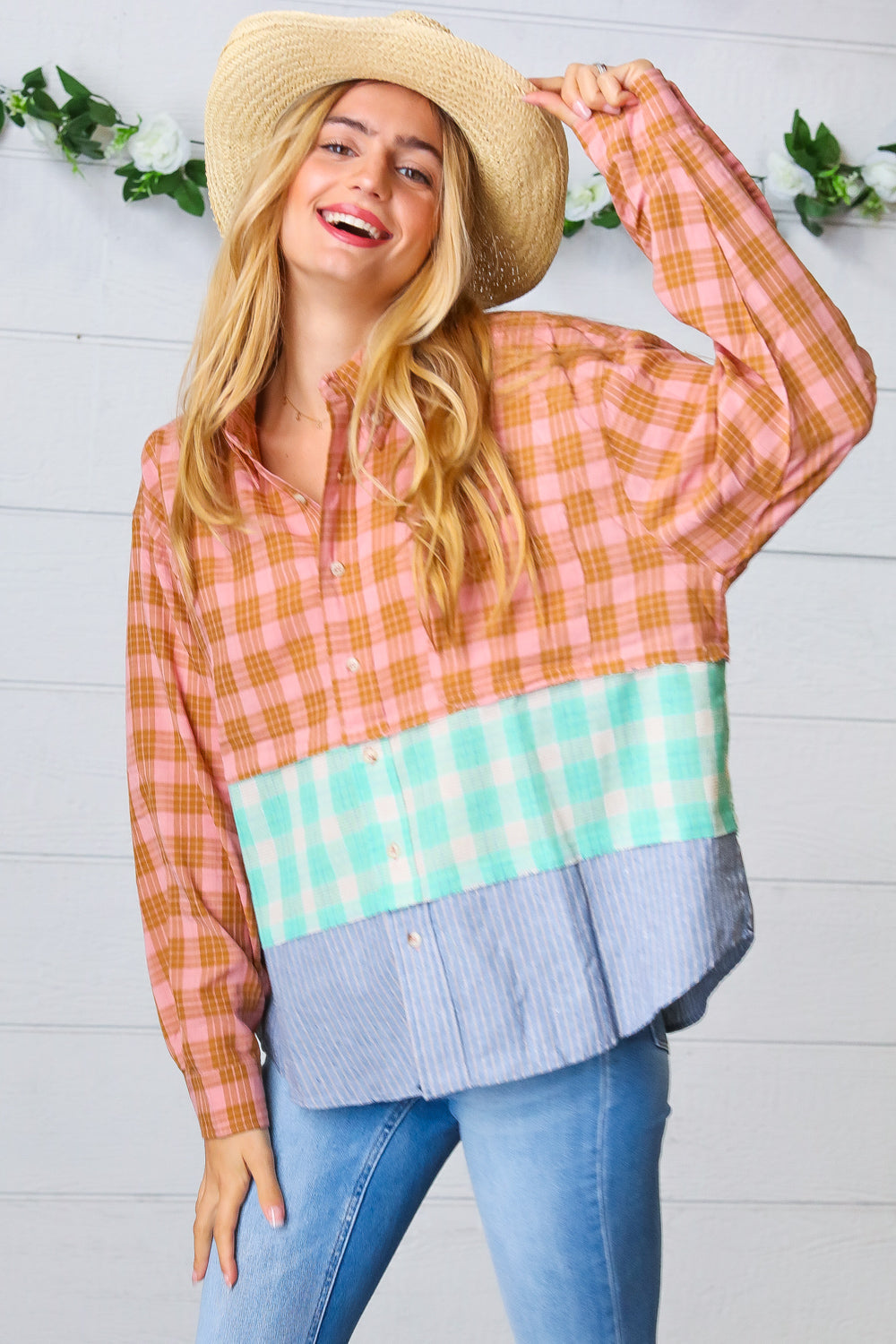 Rose Gold Cotton Linen Plaid Stripe Color Block Shirt