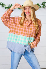 Rose Gold Cotton Linen Plaid Stripe Color Block Shirt