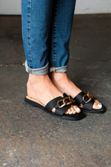 Black Chain Detail Notched Slide Sandals