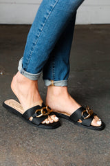 Black Chain Detail Notched Slide Sandals