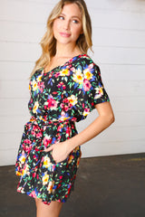 Multicolor Floral Surplice Short Sleeve Pocketed Romper