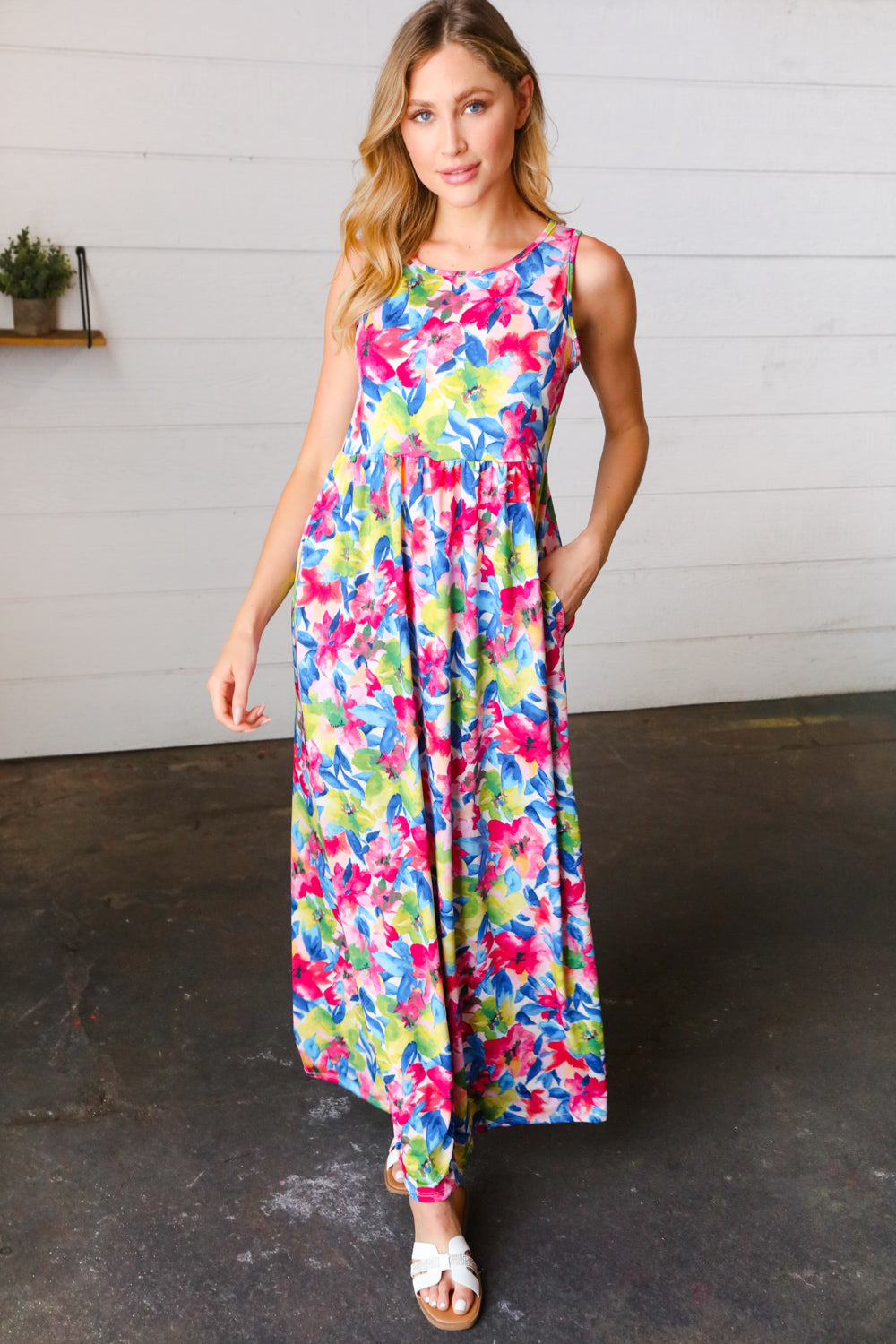 Watercolor Floral Fit and Flare Sleeveless Maxi Dress