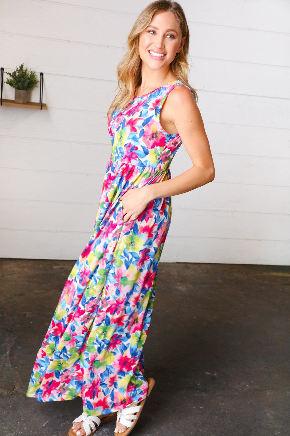 Watercolor Floral Fit and Flare Sleeveless Maxi Dress