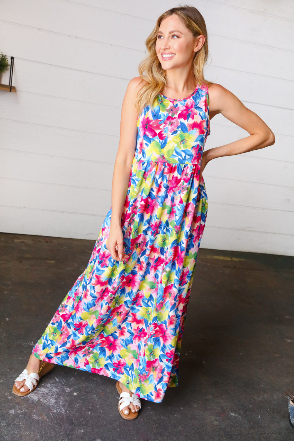 Watercolor Floral Fit and Flare Sleeveless Maxi Dress