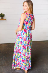 Watercolor Floral Fit and Flare Sleeveless Maxi Dress