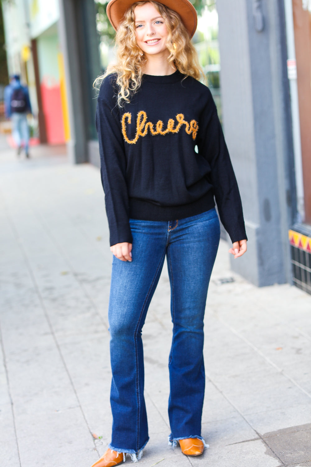 Take Note Black Embroidery "Cheers" Oversized Knit Top