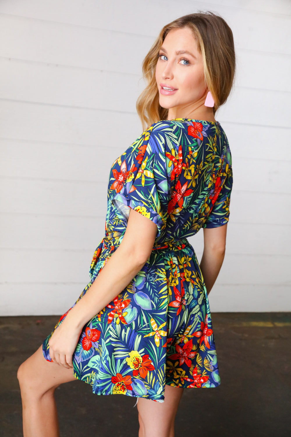 Navy Tropical Floral Surplice Romper