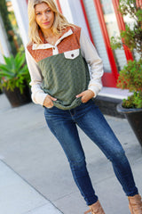 Face The Day Olive & Brown Embossed Checkered Button Down Sweater Top