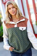 Face The Day Olive & Brown Embossed Checkered Button Down Sweater Top