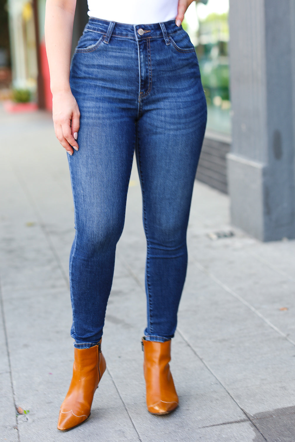 Feeling Bold Dark Blue Denim High Rise Skinny Ankle Jeans