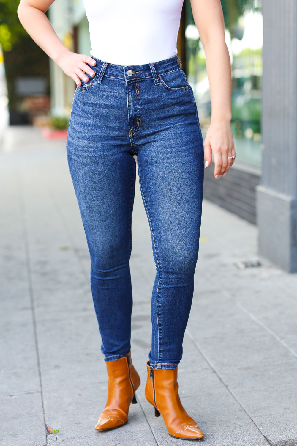 Feeling Bold Dark Blue Denim High Rise Skinny Ankle Jeans