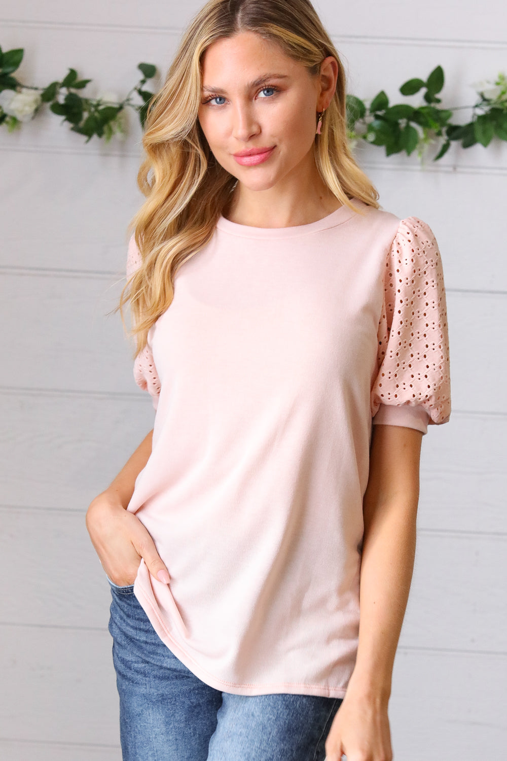 Amicg Eyelet Puff Sleeve French Terry Top