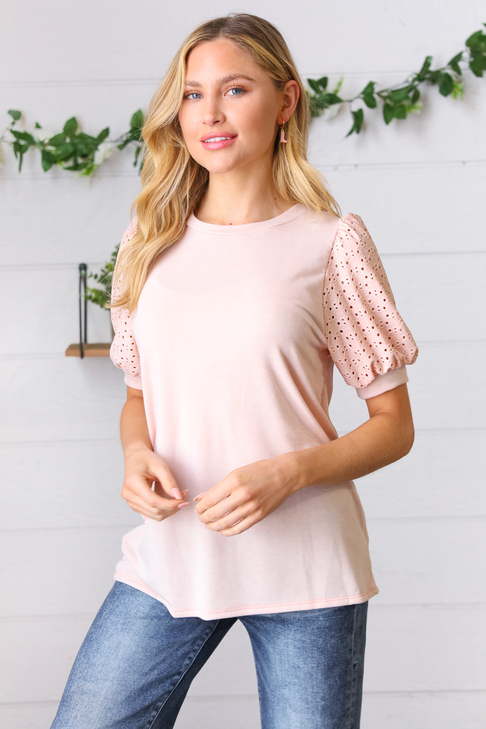 Amicg Eyelet Puff Sleeve French Terry Top