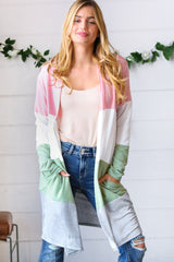 Sage Wide Stripe Terry Color Block Open Cardigan